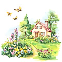 Canvas Print - Watercolor painting of a small house with a lush garden, butterflies, and flowers.