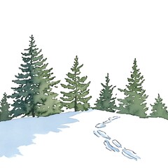 Wall Mural - Watercolor Painting of Footprints in the Snow Near Pine Trees.