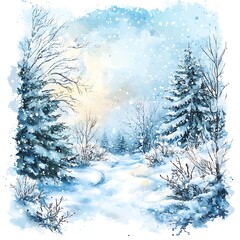 Sticker - Winter Wonderland Watercolor Painting - Snowy Forest Path with Blue Sky and Falling Snow.