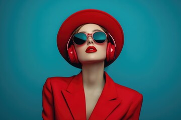 Wall Mural - Portrait of a woman in red hat  sunglasses and suit of 90s with headphones on blue background.