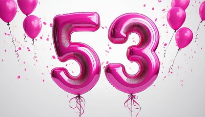 Wall Mural - Pink birthday / anniversary balloon, number 53, white background with confetti