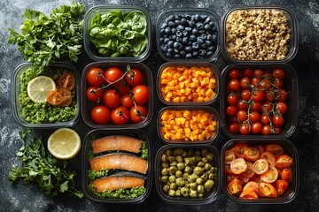 Wall Mural - Colorful meal prep containers with fresh vegetables, salmon, and grains for a healthy diet