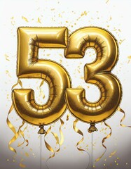 Wall Mural - Gold birthday / anniversary balloon, number 53, white background with confetti