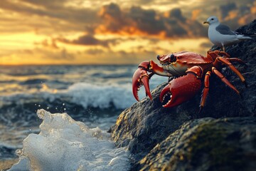 Wall Mural - A vibrant sunset on the beach shows a crab perched on a rock. It shares its space with a seagull above, creating a stunning coastal scene. Generative AI