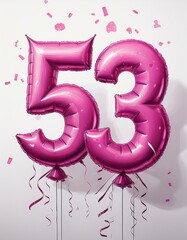 Wall Mural - Pink birthday / anniversary balloon, number 53, white background with confetti