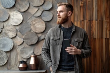 Wall Mural - Stylish man with smartphone stands next to modern texture on background