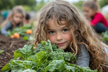 Joyful children engaging in organic gardening with fresh vegetables