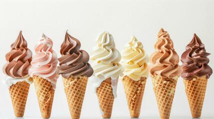 set of soft chocolate, vanilla and strawberry and assorted ice cream in a waffle cone on a white bac