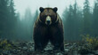© Komkrit - Massive grizzly bear standing on its hind legs in a dark, fog-filled forest clearing, eyes locked forward with intensity