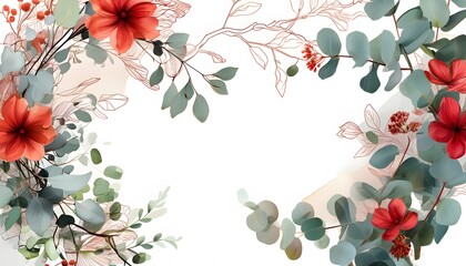 Wall Mural - Elegant hand-drawn floral background featuring botanical line art with flowers, branches, and eucalyptus leaves in vibrant shades of red and green watercolor texture