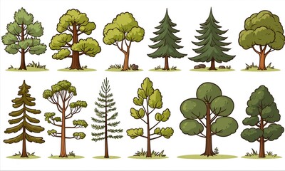 Wall Mural - Collection of cartoon trees with green foliage