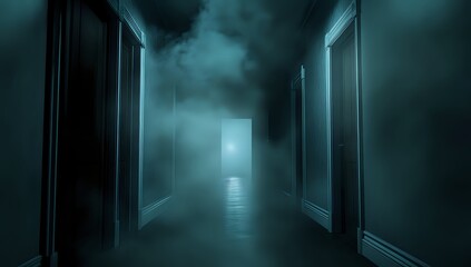 A dark and mysterious hallway with smoke and light at the end.