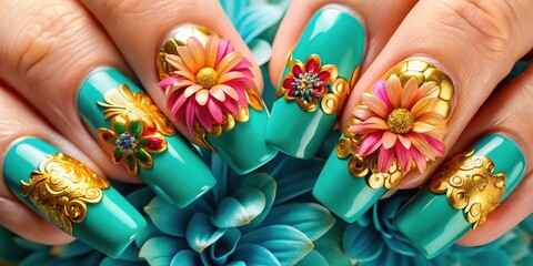 Vibrant floral nails with multi-colored petals and golden accents on a turquoise background, showcasing intricate details and creative nail artistry for beauty and fashion enthusiasts.