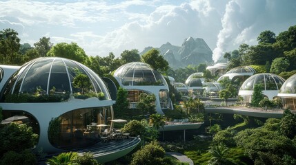 Futuristic Domed Eco-Village in Lush Nature Landscape