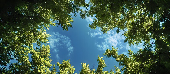 Poster - Lush green foliage set against a vibrant blue sky forming a beautiful nature scene with a canopy of towering trees framing the copy space image