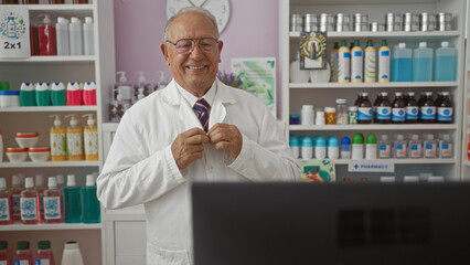 Sticker - Elderly caucasian man pharmacist in a pharmacy, wearing a white coat and tie, smiling in front of shelves filled with various medications and bottles.