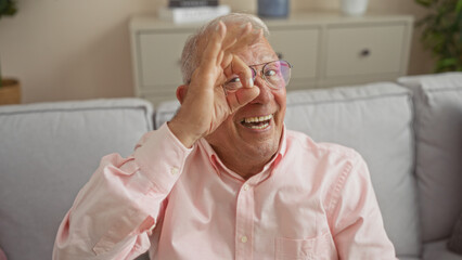 Canvas Print - A cheerful elderly caucasian man in glasses and a pink shirt is sitting in a living room, making an ok gesture with his hand, displaying a joyful expression in a home interior setting.