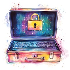 Wall Mural - Watercolor illustration of a laptop with a padlock on the screen.