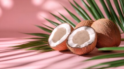 Fresh coconuts with palm leaves on a pink background, capturing the essence of tropical paradise. .