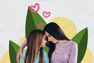 Poster - Composite trend artwork sketch image photo collage of family mother daughter schoolgirl cuddle bonding together heart cloud huge leaves