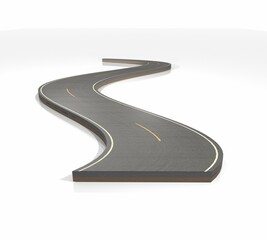 Empty road with lines, 3d illustration bending road travel and holidays advertising design isolated on abstract background. isolated highway 3d design. Curve road. cinema 4d