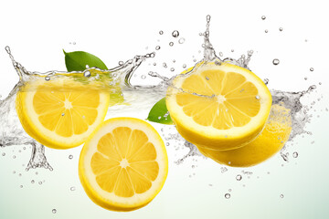 Two lemon slices with two green leaf and water splashes isolated on white background