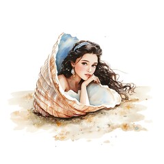 Poster - Watercolor illustration of a woman in a seashell.