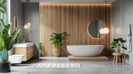 Wall Mural - Modern bathroom interior with light wood. A bright, simple bathroom with minimalist decor. Design concept.