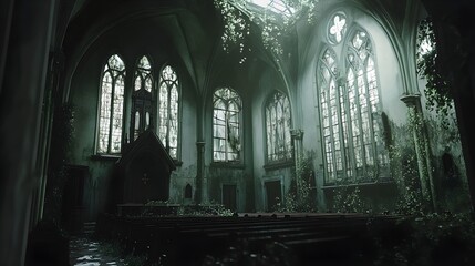 Wall Mural - Abandoned Church Interior with Ivy and Sunbeams