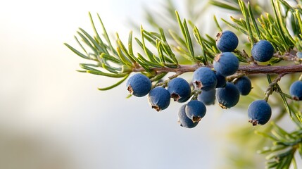 Wall Mural - juniper berrys on a tree on white background, Generative AI