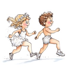 Canvas Print - Happy Children Running Watercolor Illustration.