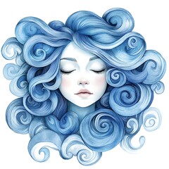 Poster - Watercolor illustration of a woman's face with blue wavy hair.