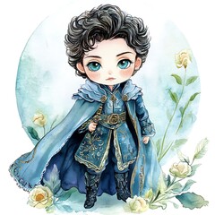 Poster - Watercolor Illustration of a Cute Cartoon Boy in a Blue and Gold Outfit.