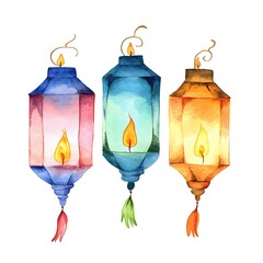 Canvas Print - Watercolor Illustration of Three Colorful Lanterns with Flames.