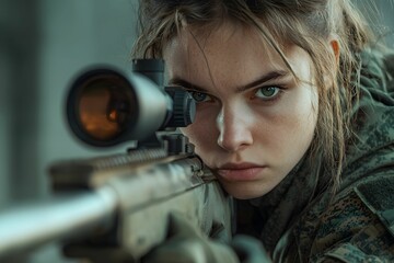 Young woman aiming a sniper rifle indoors during military training