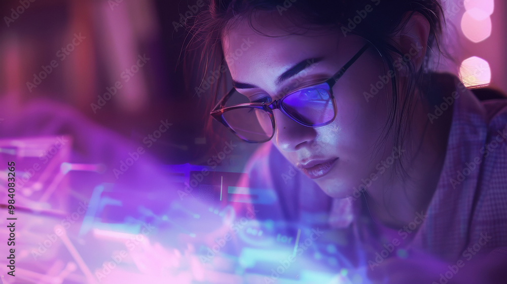 Women in glasses reading html scripts, programming and cyber security ...