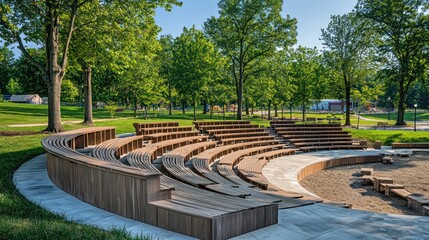 Wall Mural - an outdoor amphitheater with curved wooden seating, nestled in a park setting for community events a