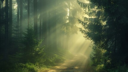 A misty forest path illuminated by soft sunlight filtering through the fog, creating a magical and tranquil atmosphere