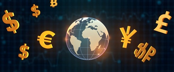 Floating currency symbols like USD, EUR, JPY, and GBP positioned around a glowing globe in the center.