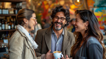 A team of employees in business clothes drink coffee in the morning in a modern cafe. Three young colleagues spend time together.