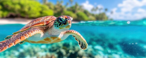 A stunning green sea turtle swimming in a tropical island reef