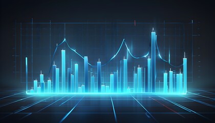 Sticker - Illuminated wireframe financial chart featuring blue candlesticks against a dark gradient backdrop