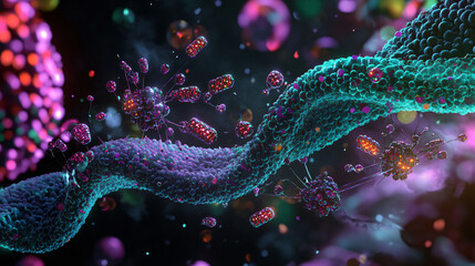 A striking 3D illustration depicting colorful viruses attacking a DNA strand, set against a dynamic, multicolored backdrop.