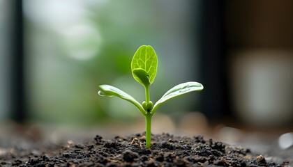 Wall Mural - Emerging green plant signifying growth and new beginnings within a contemporary workspace setting