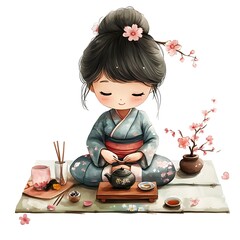 Canvas Print - Japanese Girl Drinking Tea with Cherry Blossoms Illustration.