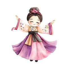 Poster - Watercolor Illustration of a Cute Girl Wearing a Traditional Hanbok Dress.