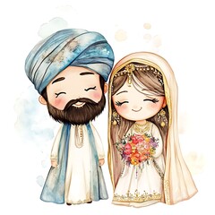 Canvas Print - Watercolor Illustration of a Muslim Couple in Traditional Wedding Attire.