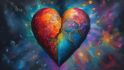 Intricate Heart Art with Vibrant Colors Set Against a Dark Cosmic Background