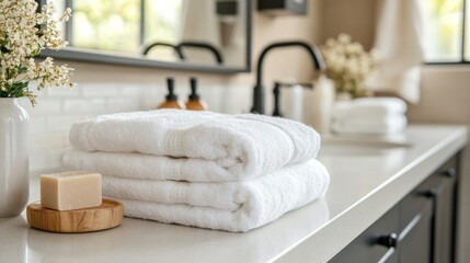 Neatly folded white towels and wooden soap dish on a Scandinavian bathroom counter in soft natural light