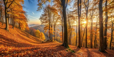 Sticker - Autumn beech forest on mountain slope during sunrise with shallow depth of field